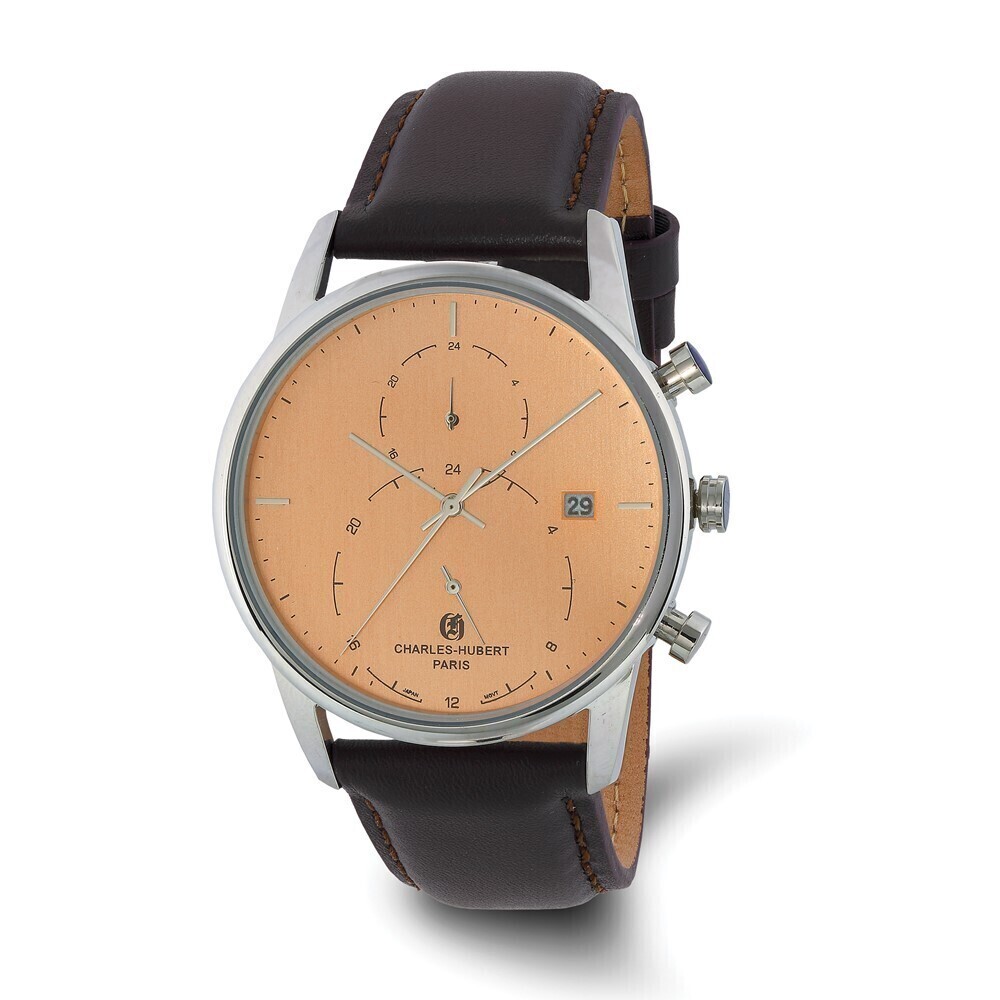 Kazi Luxury Charles Hubert Mens Stainless Steel Light Orange Dial Dual Time